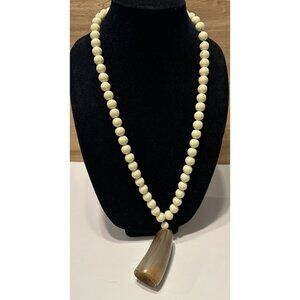long beaded necklace faux i vory bone horn pendant Boho